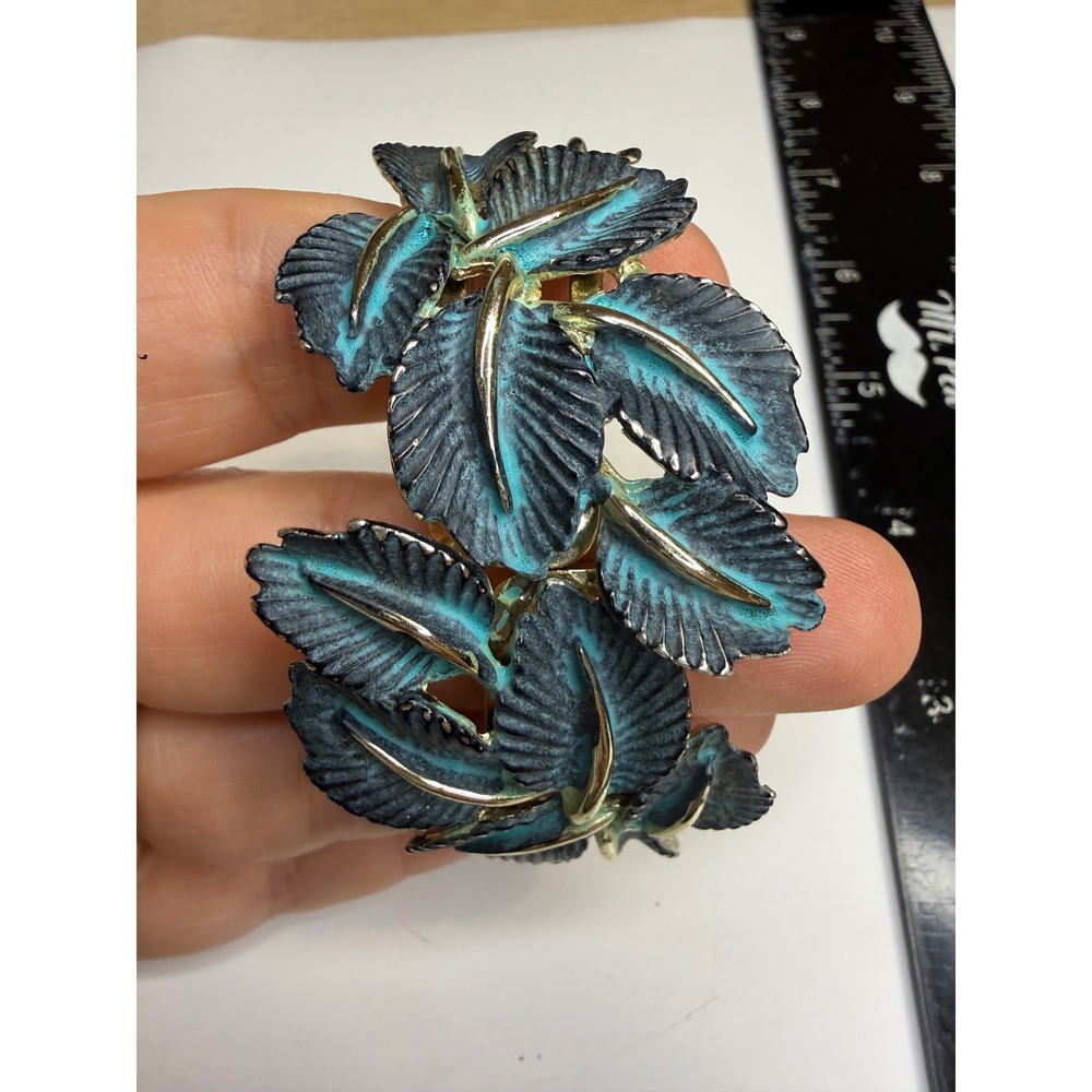 Verdigris Patina Leaf Bypass Cuff Bracelet Gold Tone Hinge Botanical Statement